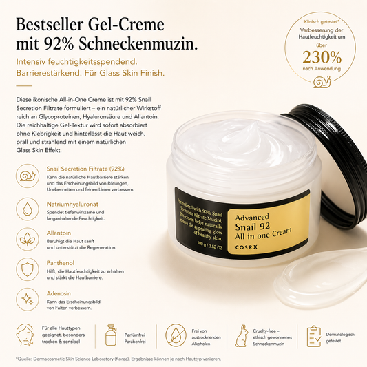 COSRX Advanced Snail 92 All In One Cream 100ml – K-Beauty Bestseller Gel-Creme für alle Hauttypen
