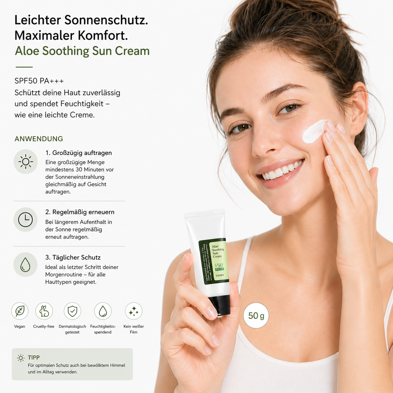 COSRX Aloe Soothing Sun Cream SPF50 PA+++ 50ml – K-Beauty Sonnenschutz für alle Hauttypen