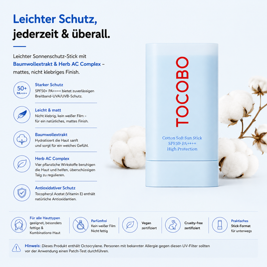 Tocobo Cotton Soft Sun Stick SPF50+ PA++++ 19g – K-Beauty Sonnenschutz-Stick für alle Hauttypen
