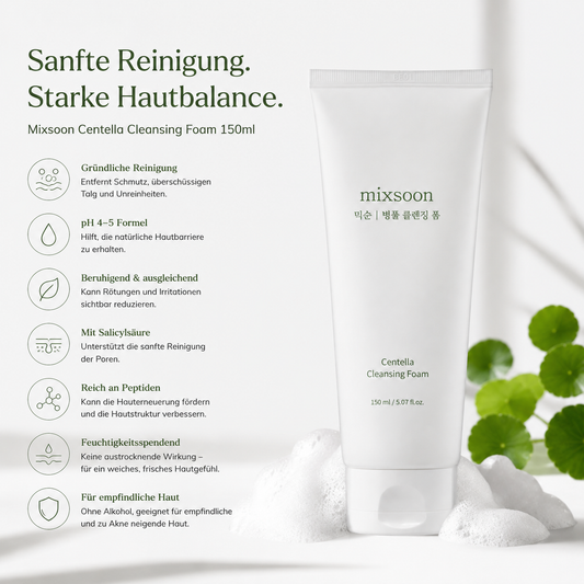 Mixsoon Centella Cleansing Foam
150ml – K-Beauty Schaum-Cleanser für
sensible Haut
