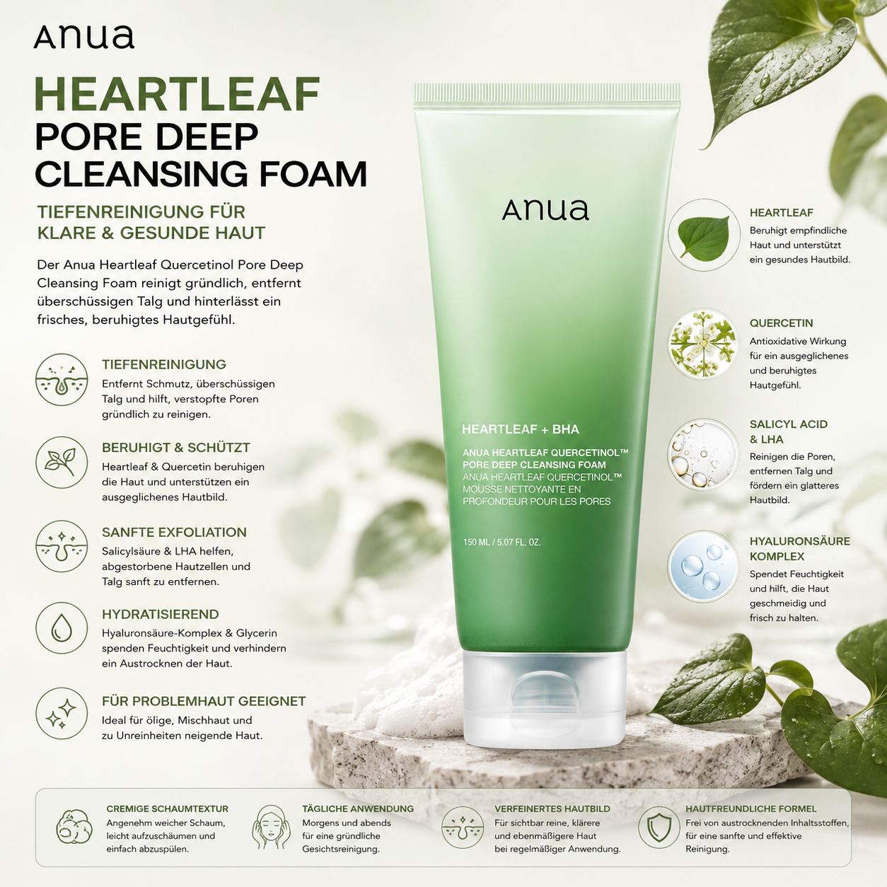 Cremige Schaumtextur des Anua Heartleaf Quercetinol Pore Deep Cleansing Foam mit Salicylsäure
