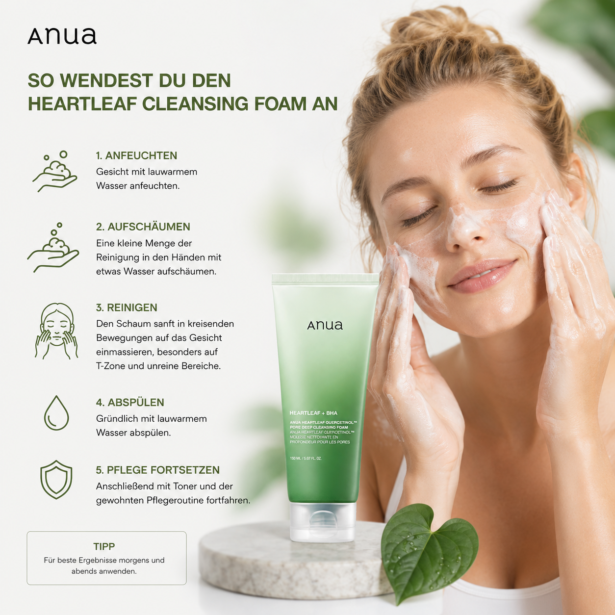 Koreanischer Reinigungsschaum Anua Heartleaf Quercetinol für ölige unreine Haut und Porenpflege