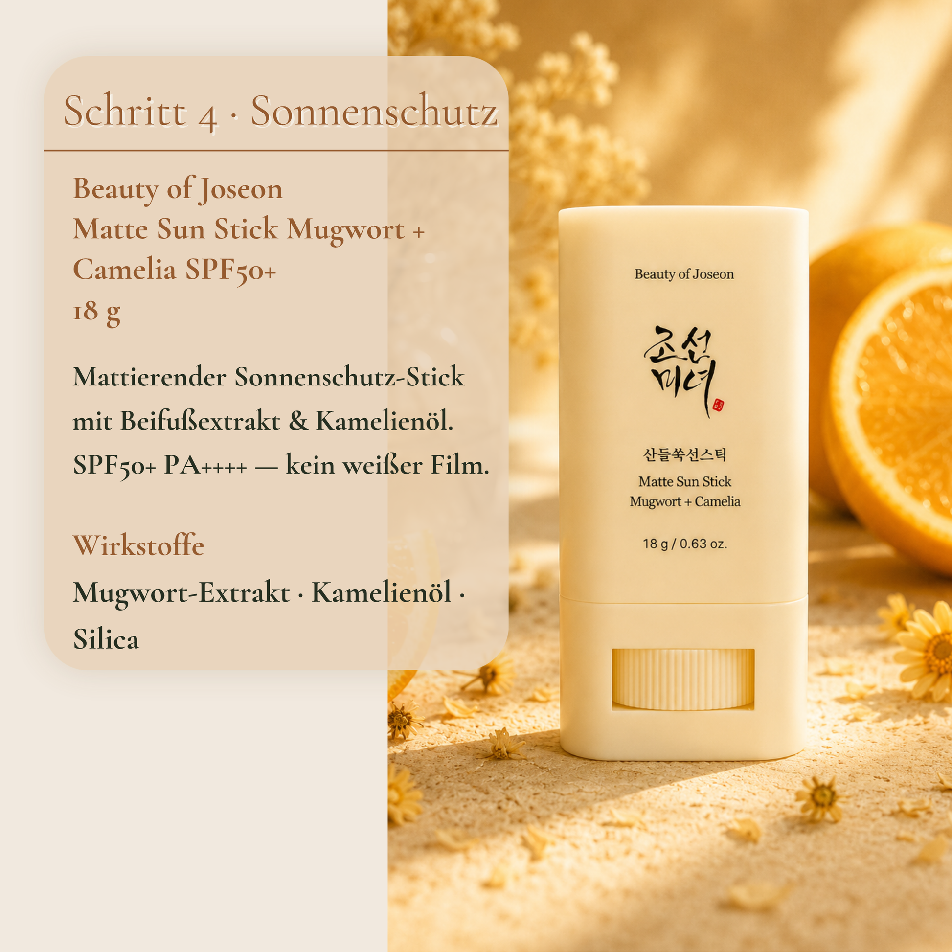 Beauty of Joseon Matte Sun Stick Mugwort Camelia SPF50 18g – mattierender koreanischer Sonnenschutz Stick