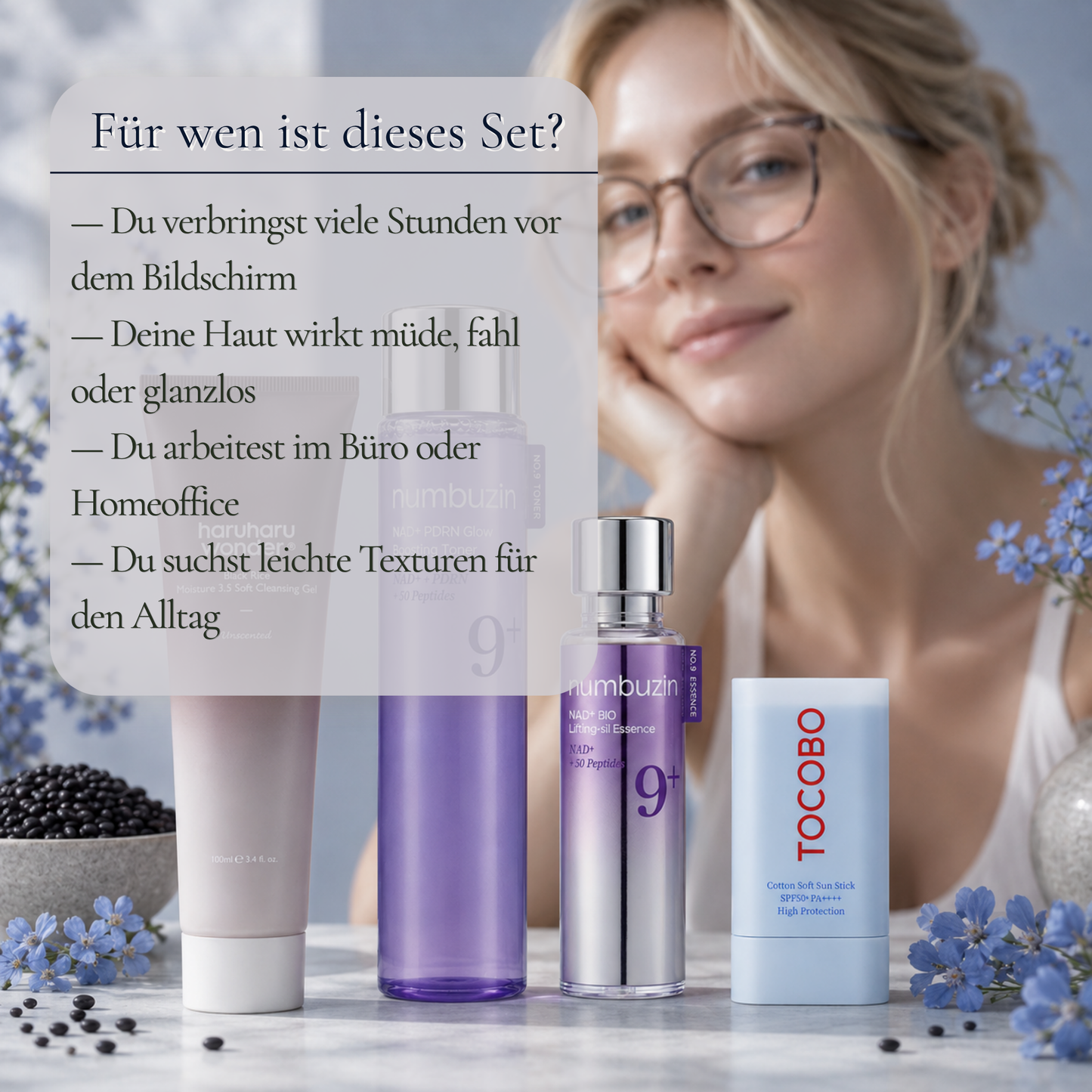 Produkte im Blue Balance Ritual Set – vier aufeinander abgestimmte K-Beauty Pflegeprodukte mit NAD+ und PDRN