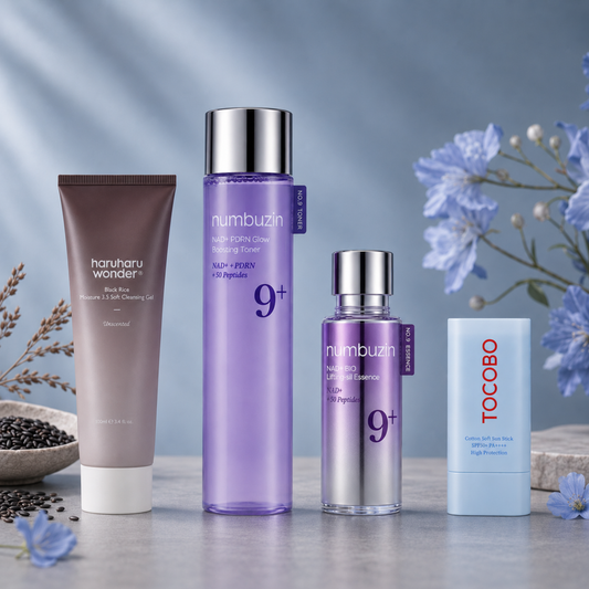 K-Beauty Blue Balance Ritual Set mit Haruharu Black Rice Cleansing Gel, Numbuzin NAD+ PDRN Toner, NAD+ Bio Essence und Tocobo Cotton Sun Stick SPF50