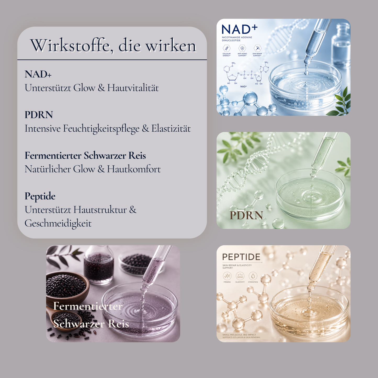Wirkstoffe im Blue Balance Ritual – NAD+, PDRN, Fermentierter Schwarzer Reis und Peptide für Glow