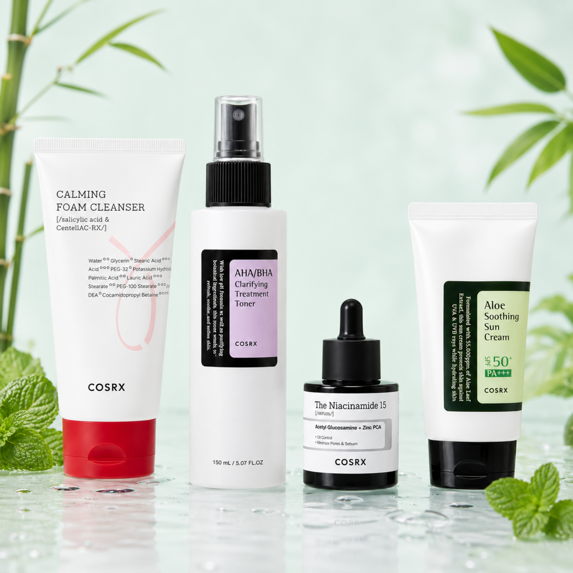 K-Beauty Clear Balance Ritual Set mit COSRX AC Calming Foam Cleanser, AHA BHA Toner, Niacinamide 15 Serum und Aloe Sun Cream SPF50