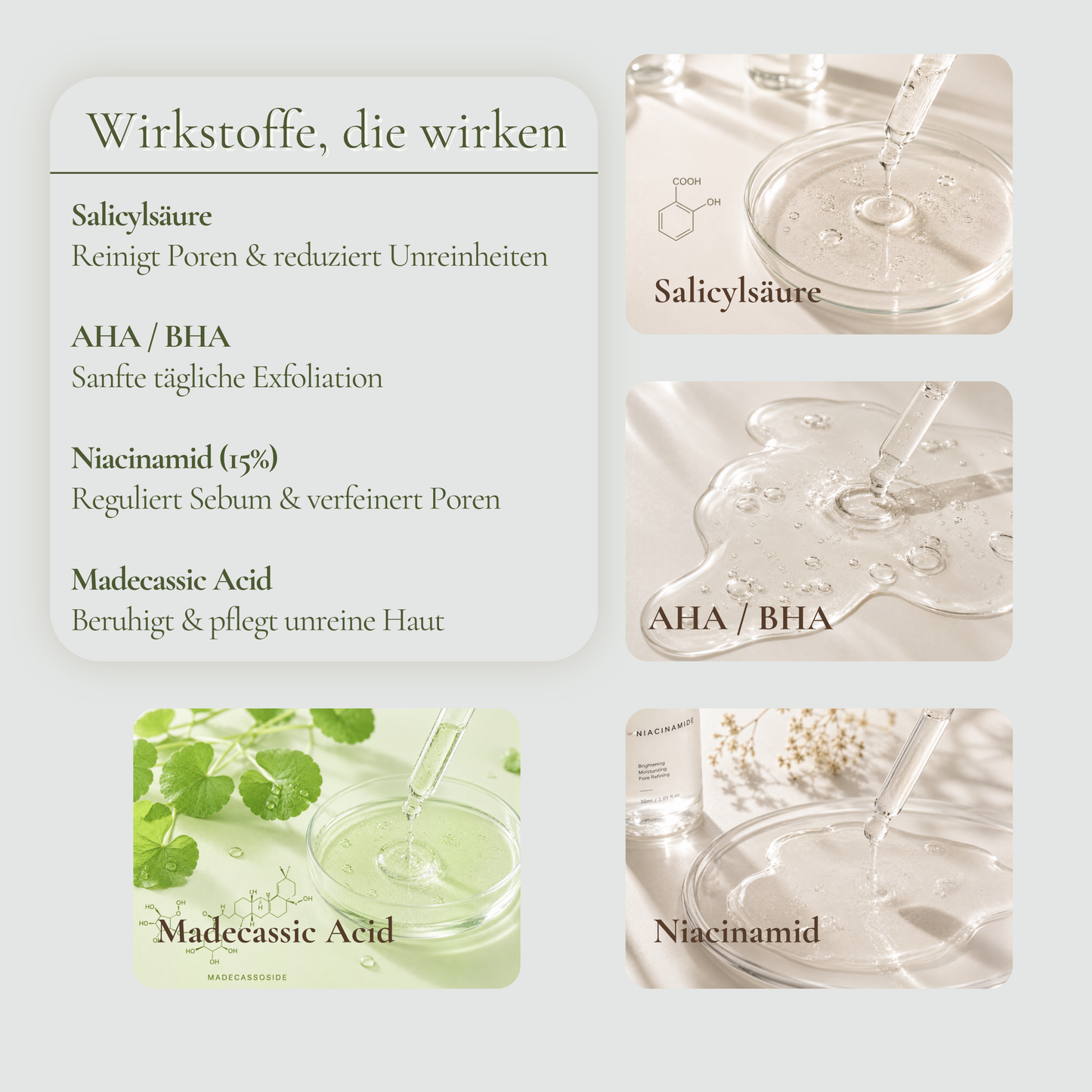 Wirkstoffe im Clear Balance Ritual – Salicylsäure, AHA BHA, Niacinamid 15% und Madecassic Acid