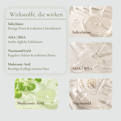 Wirkstoffe im Clear Balance Ritual – Salicylsäure, AHA BHA, Niacinamid 15% und Madecassic Acid