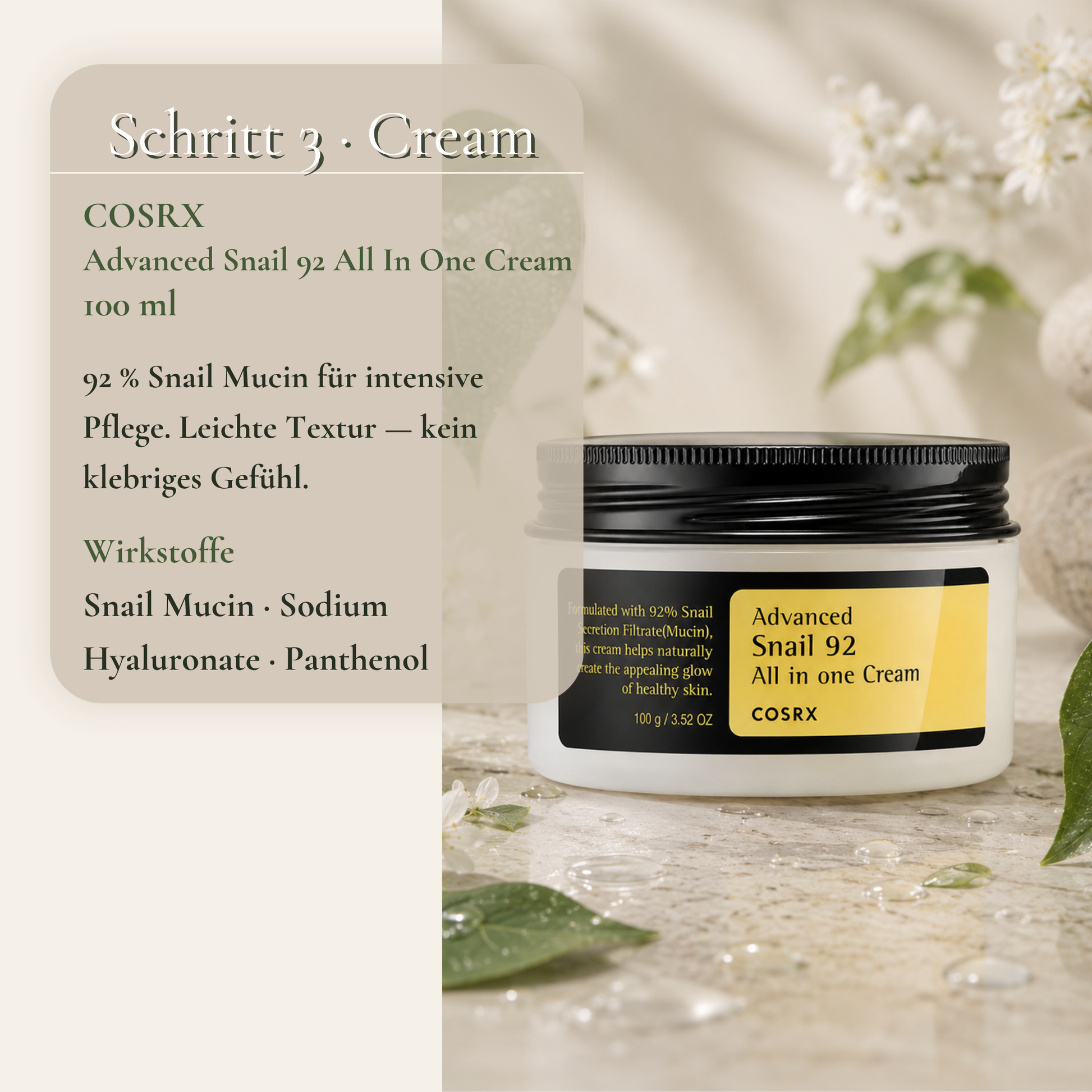 COSRX Advanced Snail 92 All In One Cream 100ml – leichte Gelcreme mit Snail Mucin für die Hautpflege