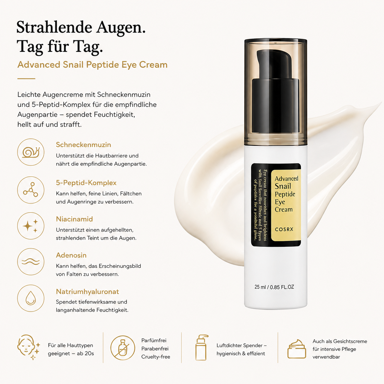 COSRX Advanced Snail Peptide Eye Cream 25ml – K-Beauty Augencreme gegen feine Linien und Augenringe