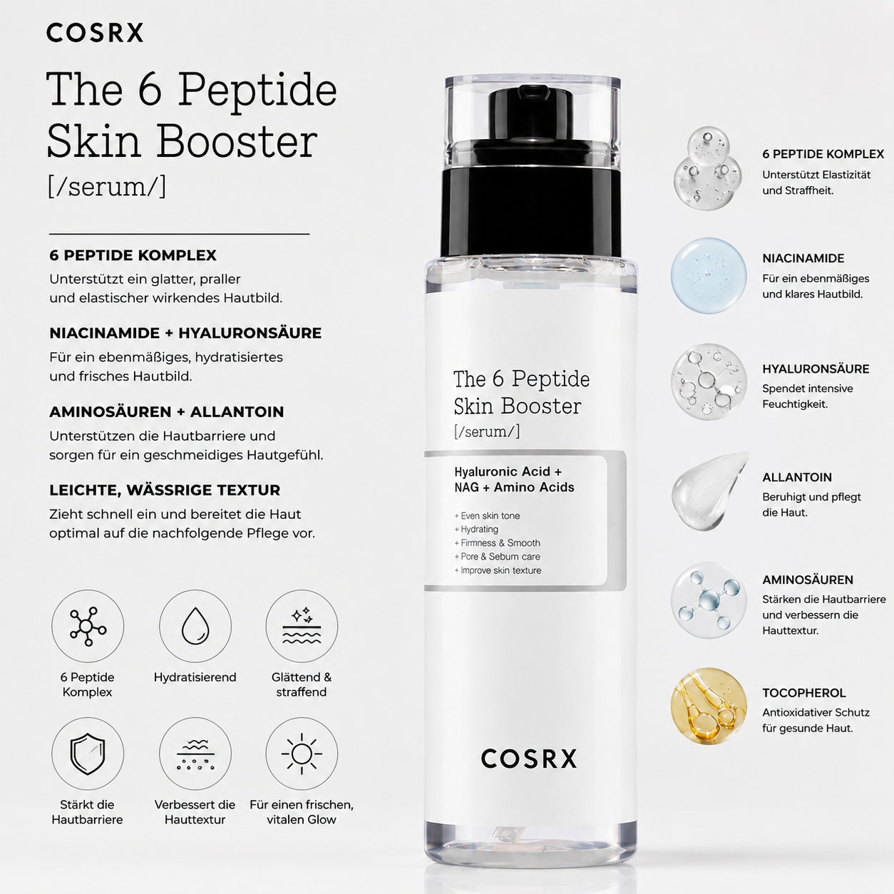 Leichte wässrige Textur des COSRX The 6 Peptide Skin Booster Serum mit Niacinamide und Hyaluronsäure