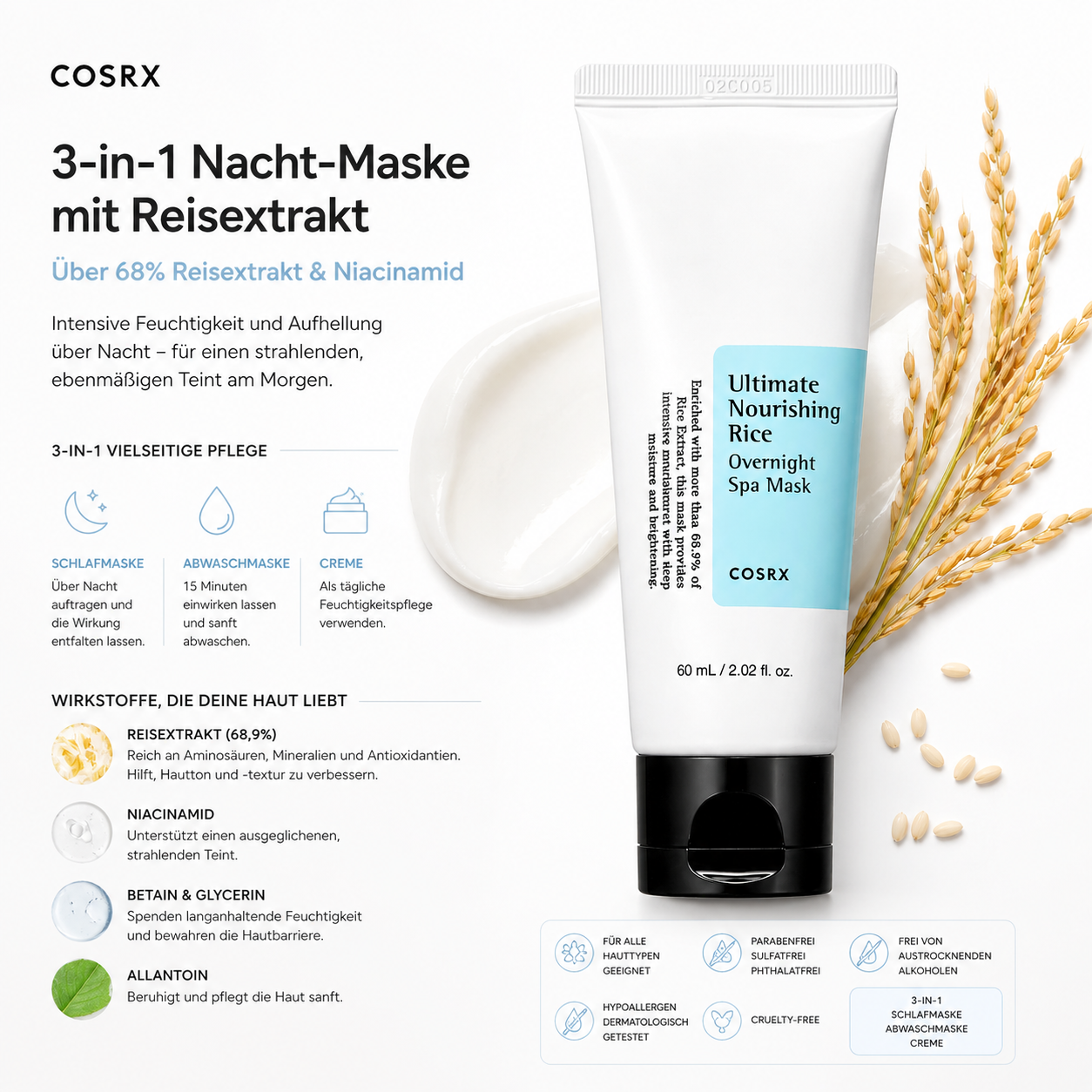 COSRX Ultimate Nourishing Rice Overnight Spa Mask 60ml – K-Beauty 3-in-1 Nacht-Maske für alle Hauttypen