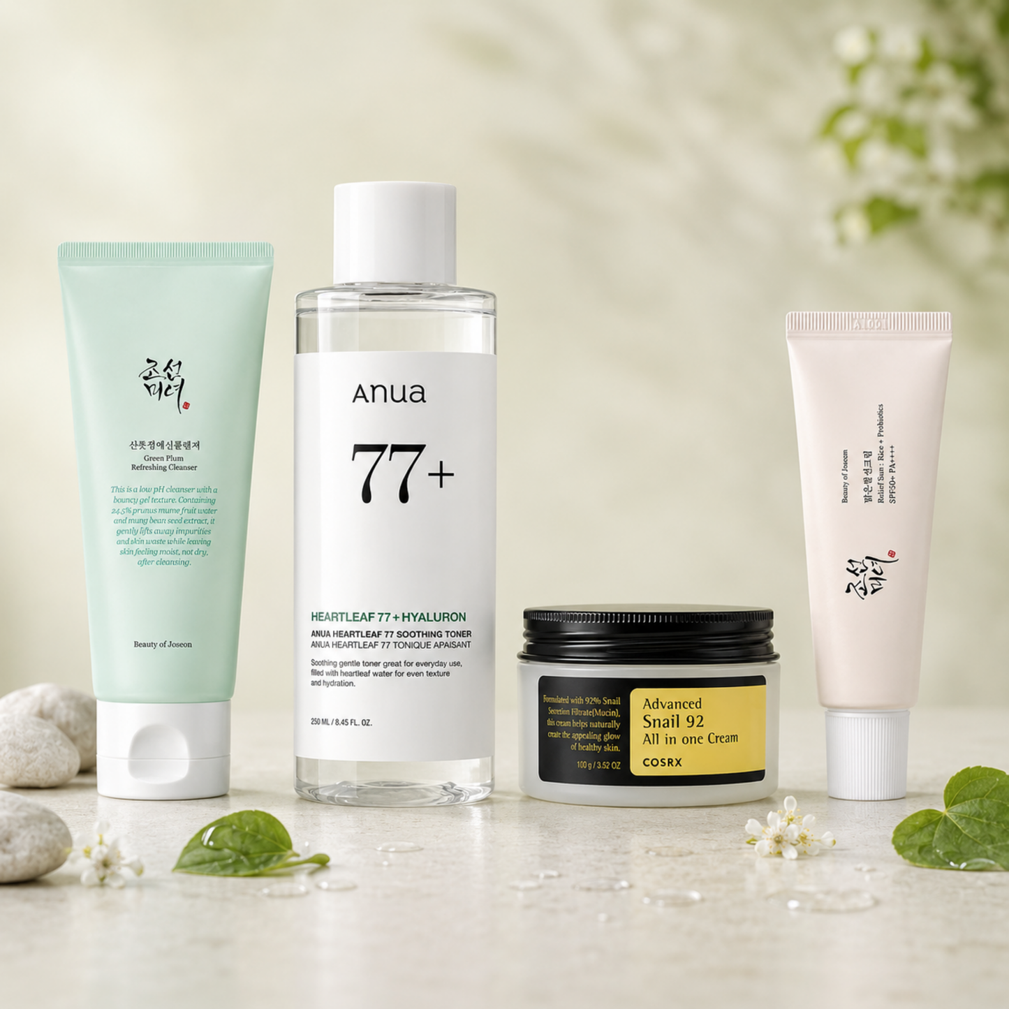 K-Beauty Starter Set Daily Glow Ritual mit Beauty of Joseon Cleanser, Anua Heartleaf Toner, COSRX Snail Cream und Relief Sun SPF50