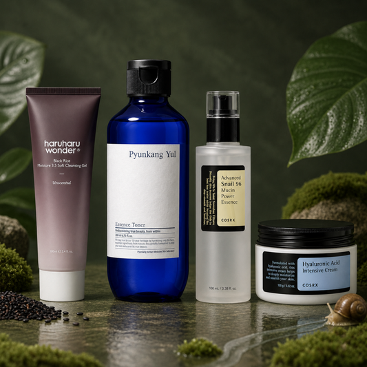 K-Beauty Deep Moisture Ritual Set mit Haruharu Black Rice Cleansing Gel, Pyunkang Yul Essence Toner, COSRX Snail 96 Essence und Hyaluronic Acid Cream