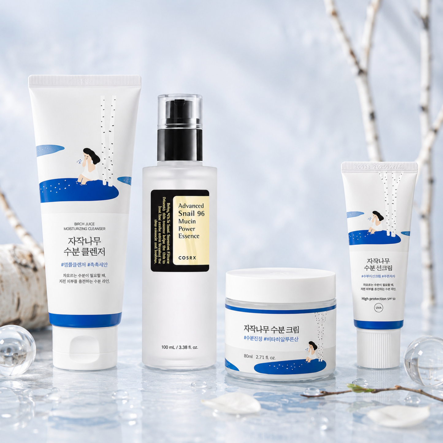 K-Beauty Glass Glow Ritual Set mit Round Lab Birch Juice Cleanser, COSRX Snail 96 Essence, Round Lab Cream und Sunscreen SPF50