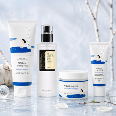 K-Beauty Glass Glow Ritual Set mit Round Lab Birch Juice Cleanser, COSRX Snail 96 Essence, Round Lab Cream und Sunscreen SPF50
