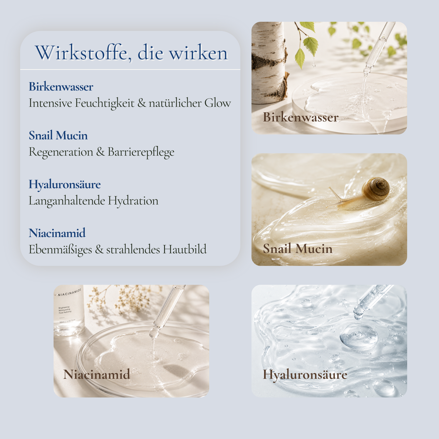 Wirkstoffe im Glass Glow Ritual – Birkenwasser, Snail Mucin, Hyaluronsäure und Niacinamid