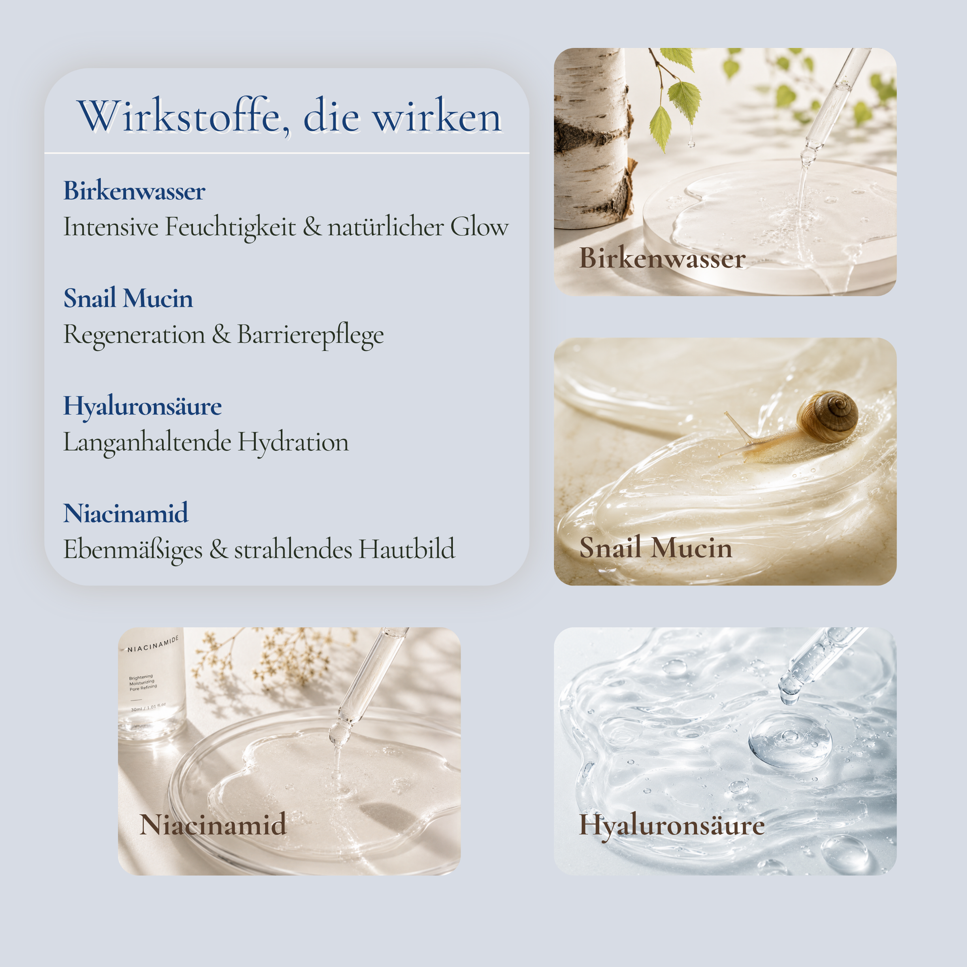 Wirkstoffe im Glass Glow Ritual – Birkenwasser, Snail Mucin, Hyaluronsäure und Niacinamid
