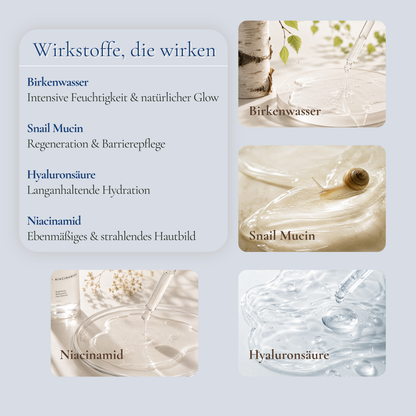 Wirkstoffe im Glass Glow Ritual – Birkenwasser, Snail Mucin, Hyaluronsäure und Niacinamid
