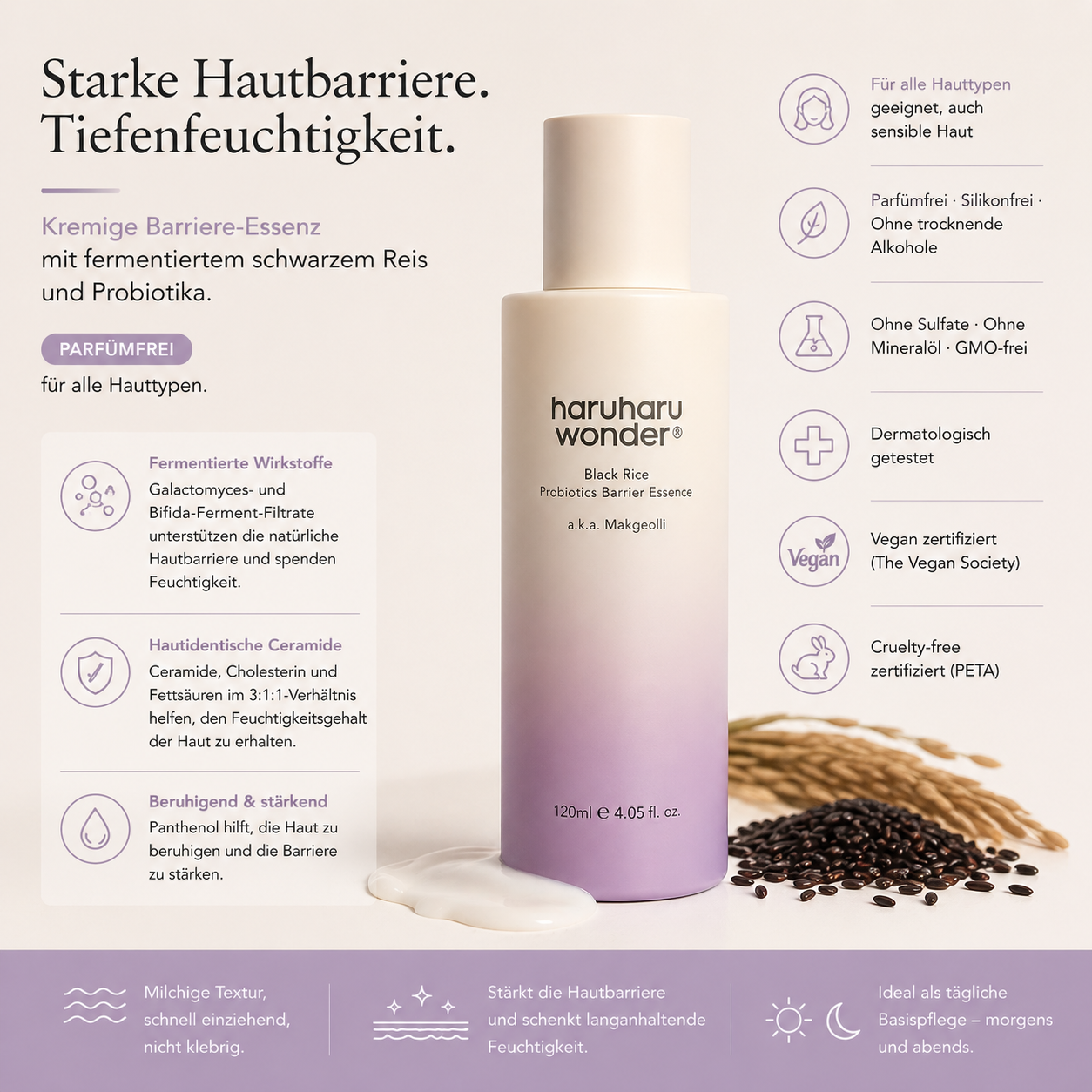 Haruharu Wonder Black Rice Probiotics Barrier Essence Unscented 120ml – Parfümfreie K-Beauty Pflege