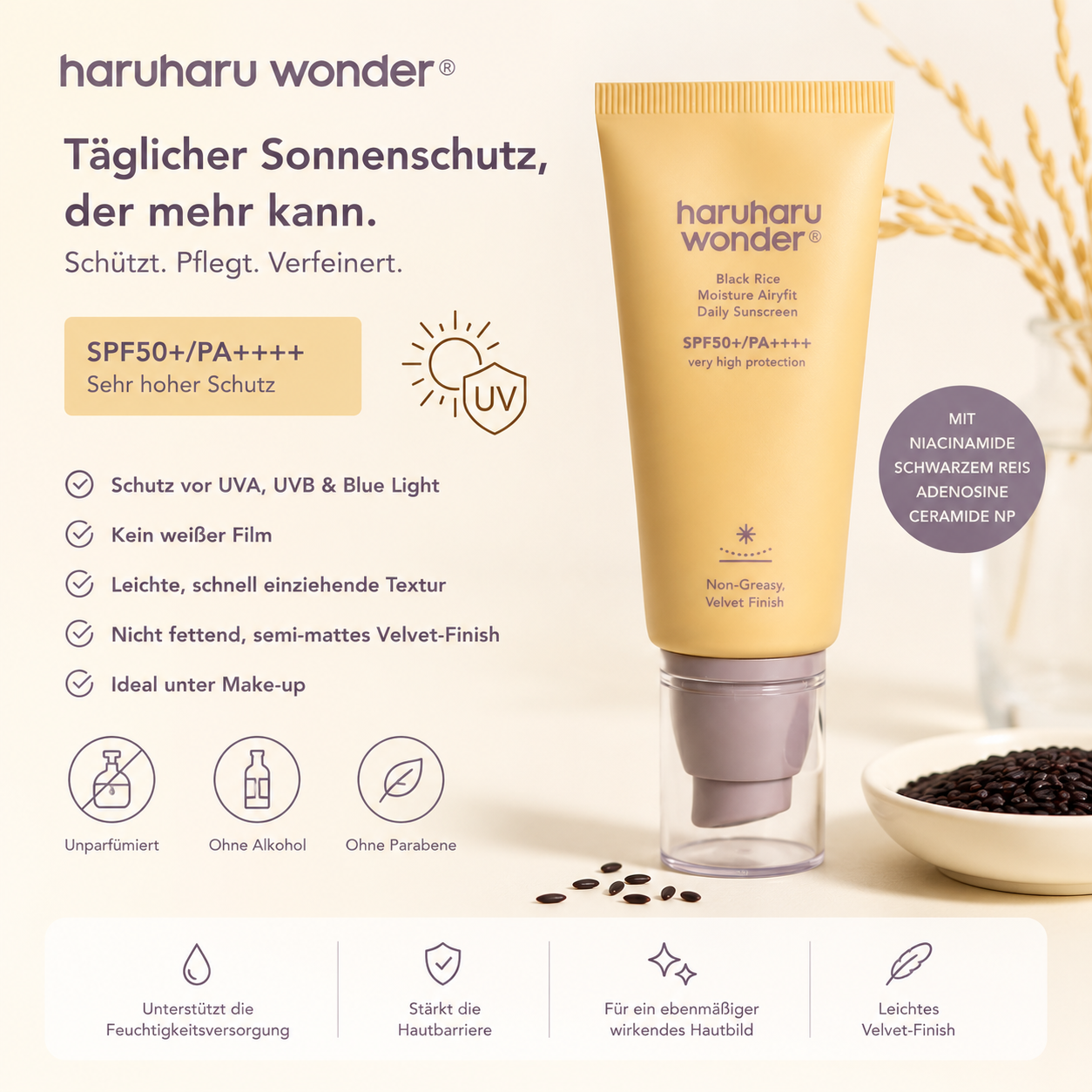 Leichte Textur der Haruharu Wonder Black Rice Airyfit Daily Sunscreen ohne weißen Film