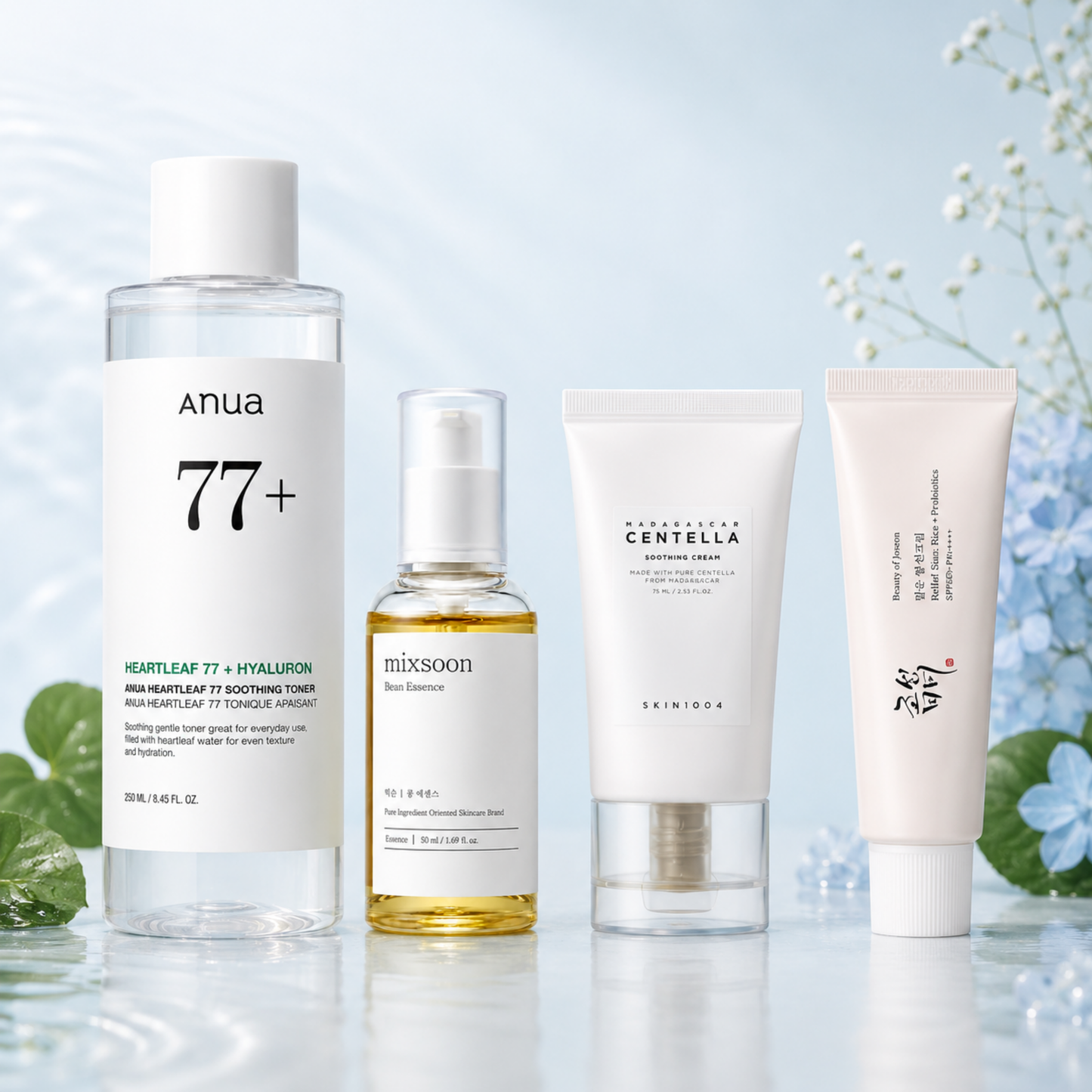Sanvela Signature K-Beauty Hydra Comfort Ritual Set mit Anua Heartleaf 77 Toner, Mixsoon Bean Essence, Skin1004 Centella Soothing Cream und Beauty of Joseon Relief Sun SPF50