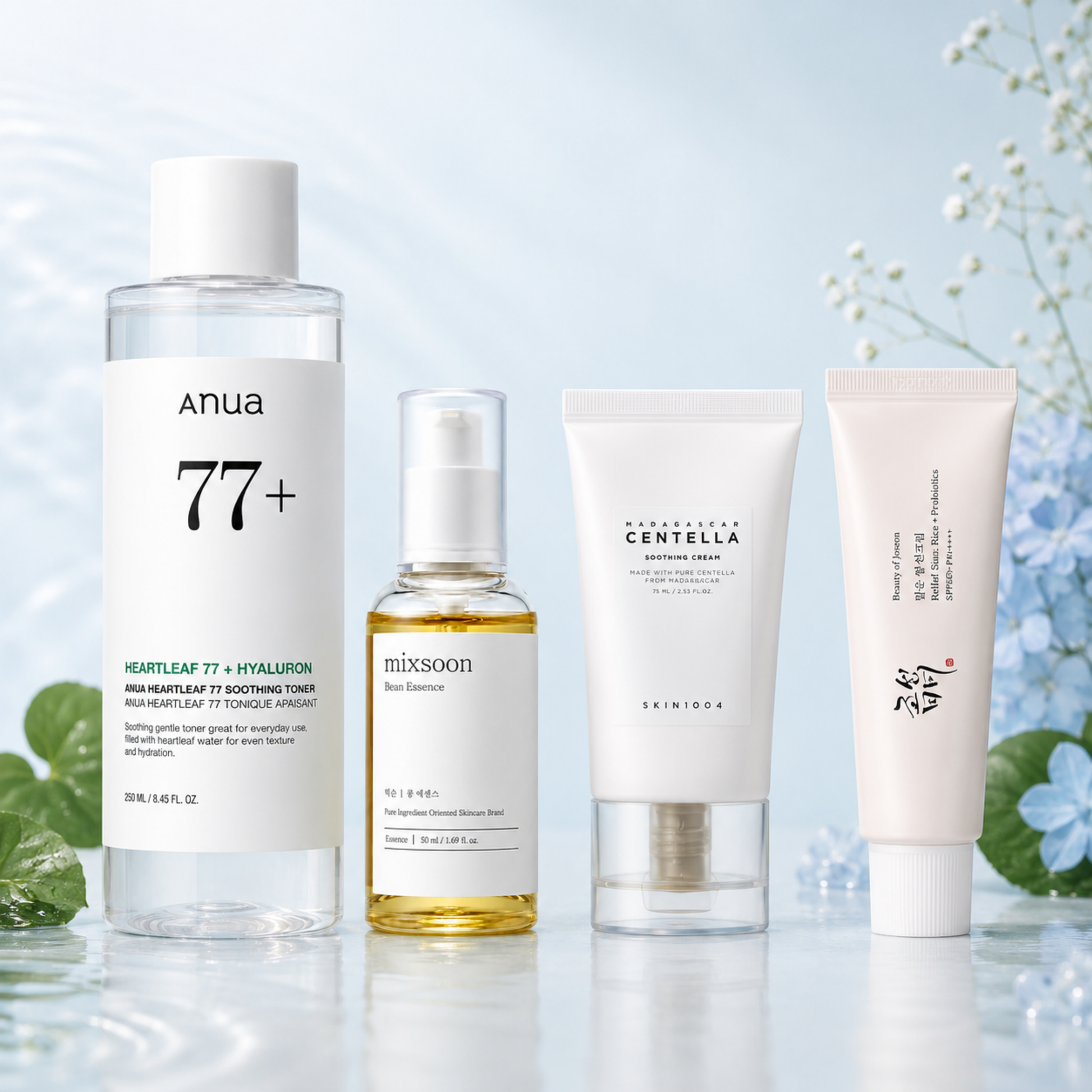 Sanvela Signature K-Beauty Hydra Comfort Ritual Set mit Anua Heartleaf 77 Toner, Mixsoon Bean Essence, Skin1004 Centella Soothing Cream und Beauty of Joseon Relief Sun SPF50