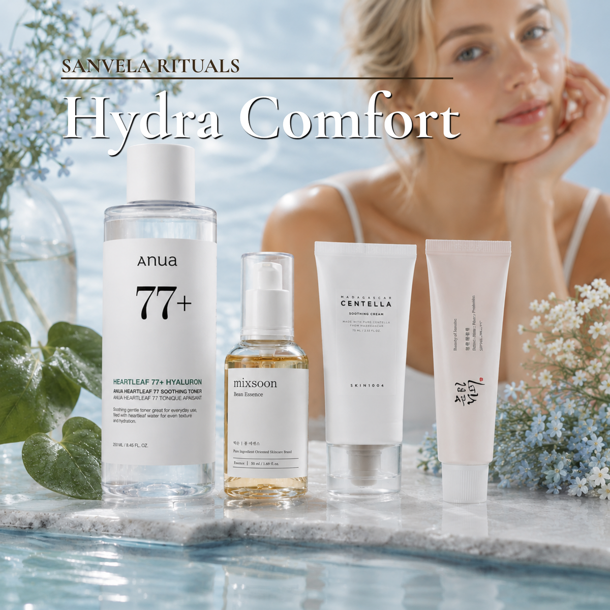 Sanvela Signature K-Beauty Hydra Comfort Ritual Set mit Model – Heartleaf Centella Ceramide gegen hartes Wasser