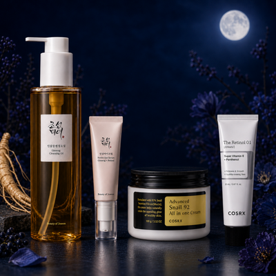 K-Beauty Midnight Repair Ritual Set mit Beauty of Joseon Ginseng Cleansing Oil, Revive Eye Serum Retinal, COSRX Snail 92 Cream und Retinol 0.1 Cream