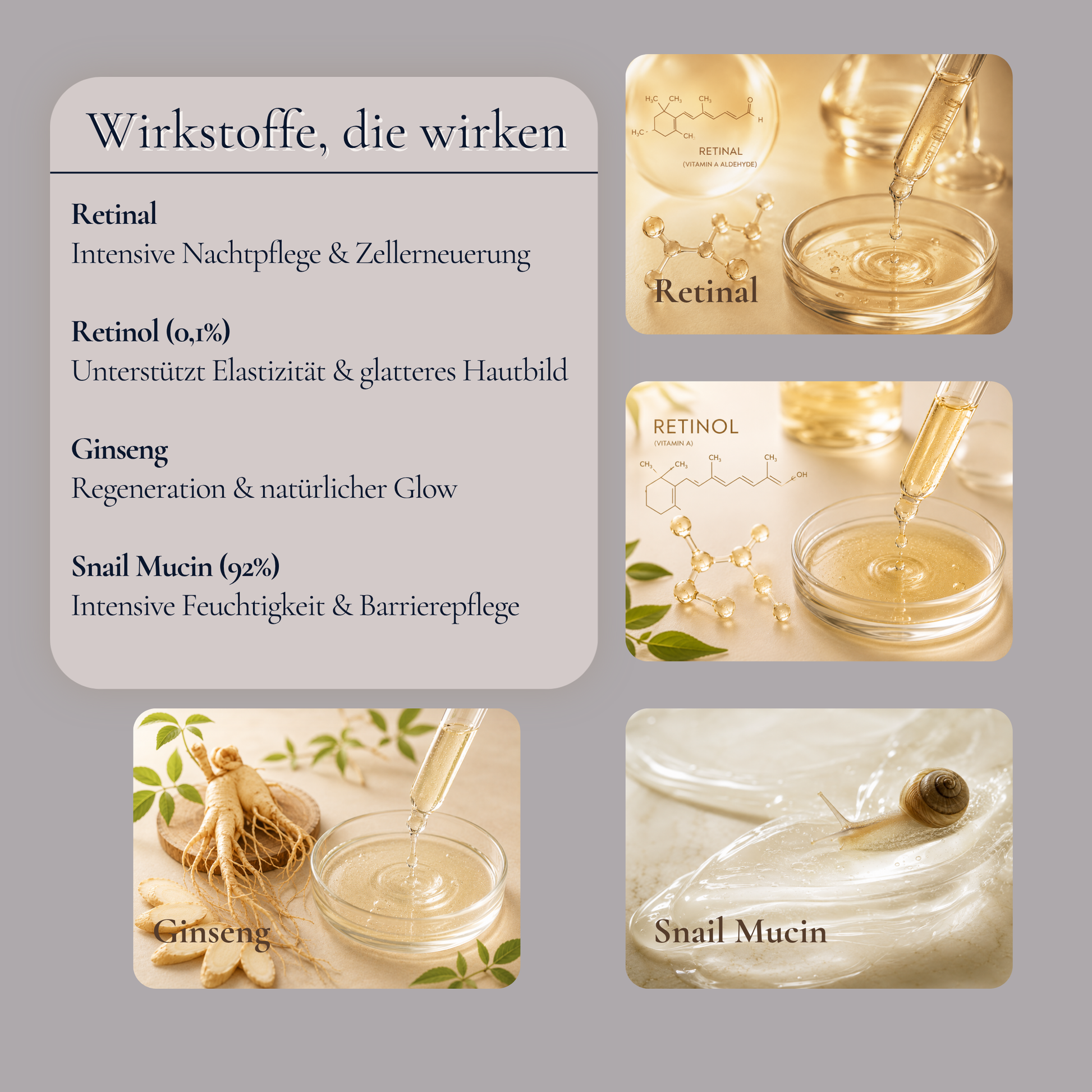 Wirkstoffe im Midnight Repair Ritual – Retinal, Retinol 0.3%, Ginseng und Snail Mucin 92% für reife Haut