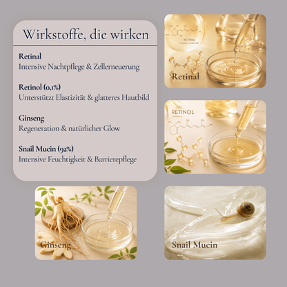 Wirkstoffe im Midnight Repair Ritual – Retinal, Retinol 0.3%, Ginseng und Snail Mucin 92% für reife Haut