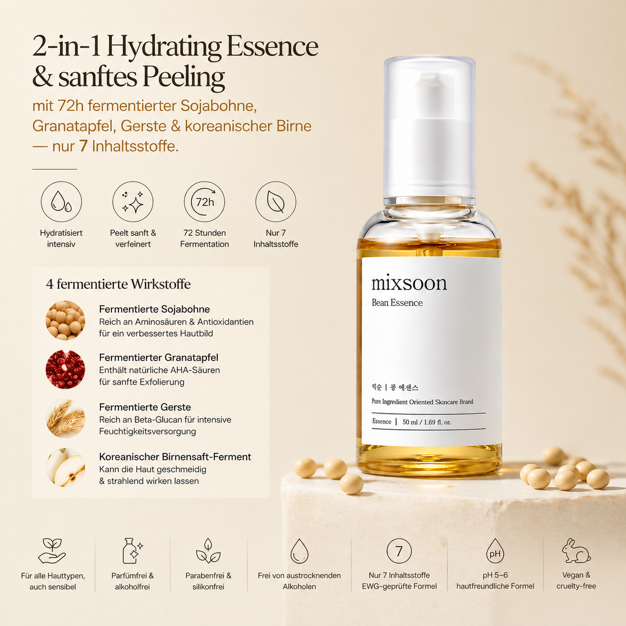 Mixsoon Bean Essence 50ml – K-Beauty 2-in-1 Hydrating Essence & Peeling für alle Hauttypen