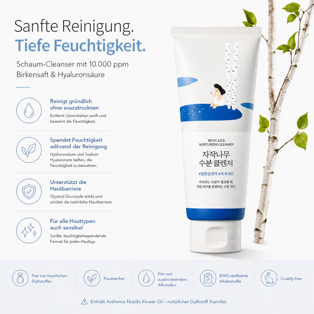 Round Lab Birch Juice Moisturizing Cleanser 150ml – K-Beauty Schaum-Cleanser für alle Hauttypen