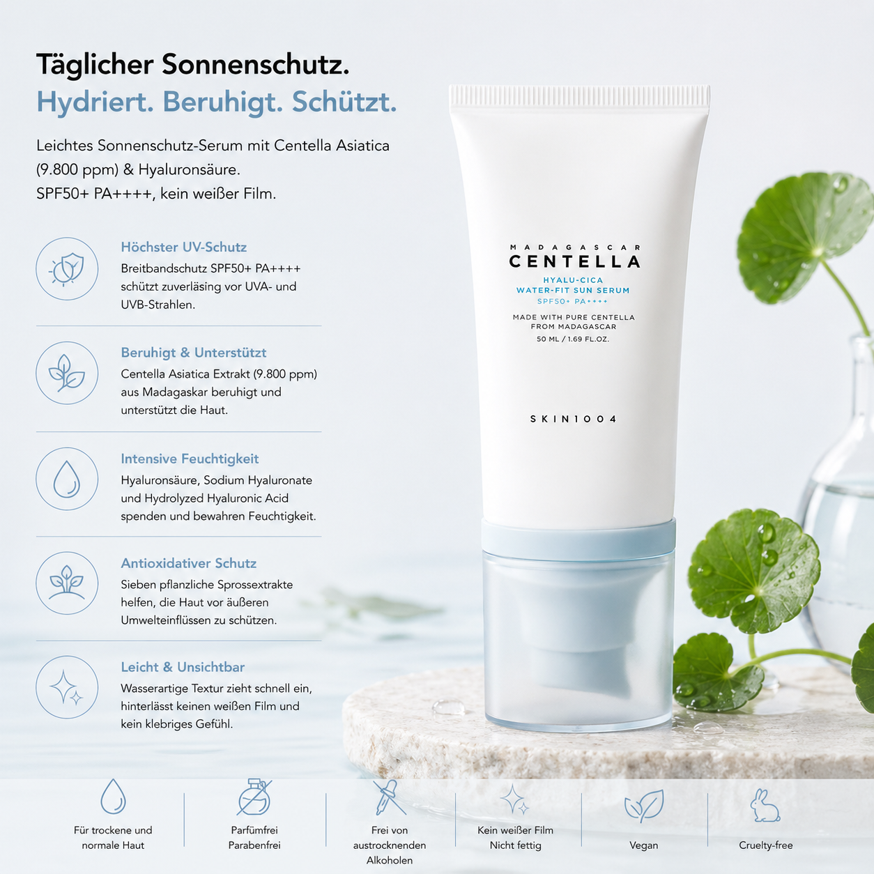 Skin1004 Madagascar Centella Hyalu-Cica Water-Fit Sun Serum SPF50+ PA++++ 50ml – K-Beauty Sonnenschutz