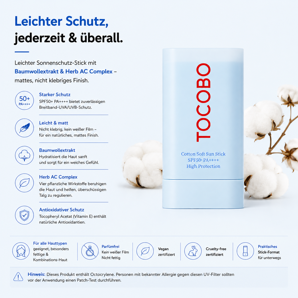 Tocobo Cotton Soft Sun Stick SPF50+ PA++++ 19g – K-Beauty Sonnenschutz-Stick für alle Hauttypen