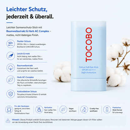 Tocobo Cotton Soft Sun Stick SPF50+ PA++++ 19g – K-Beauty Sonnenschutz-Stick für alle Hauttypen