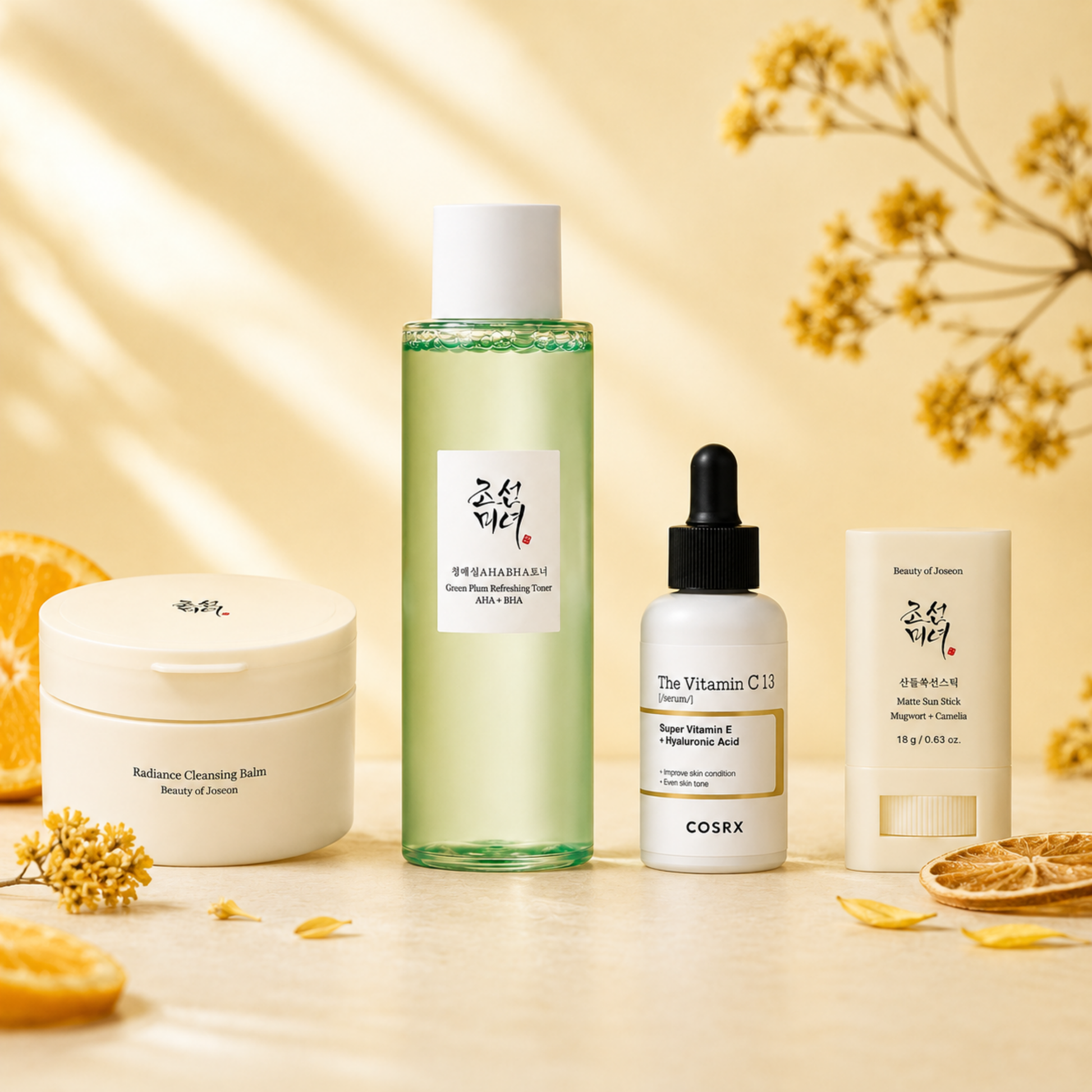 K-Beauty Vitamin C Glow Ritual Set mit Beauty of Joseon Cleansing Balm, Green Plum Toner AHA BHA, COSRX Vitamin C Serum und Matte Sun Stick SPF50