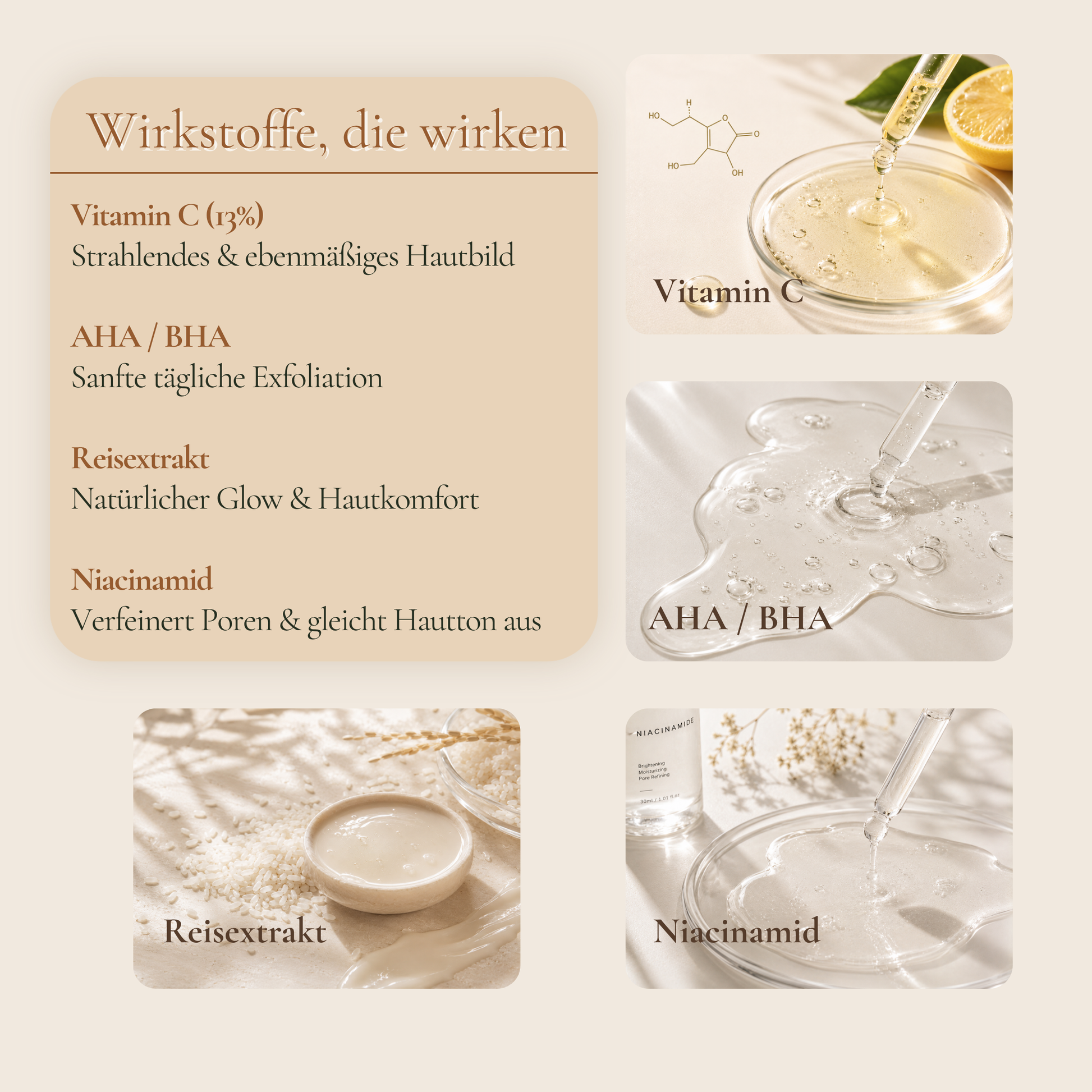 Wirkstoffe im Vitamin C Glow Ritual – Vitamin C 13%, AHA BHA, Reisextrakt und Niacinamid