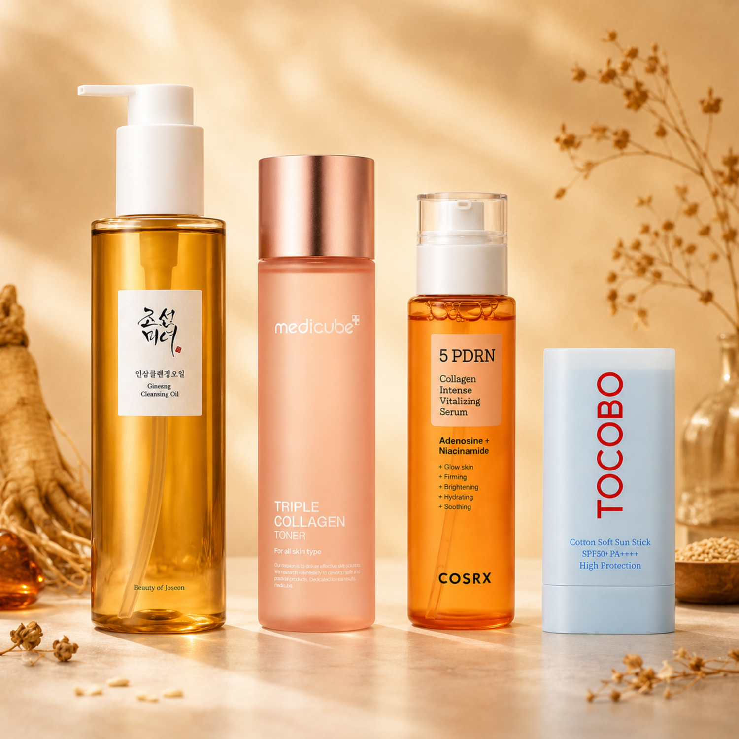 K-Beauty Youth Defense Ritual Set mit Beauty of Joseon Ginseng Cleansing Oil, Medicube Triple Collagen Toner, COSRX PDRN Collagen Serum und Tocobo Sun Stick SPF50