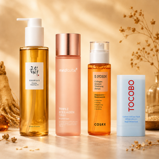 K-Beauty Youth Defense Ritual Set mit Beauty of Joseon Ginseng Cleansing Oil, Medicube Triple Collagen Toner, COSRX PDRN Collagen Serum und Tocobo Sun Stick SPF50